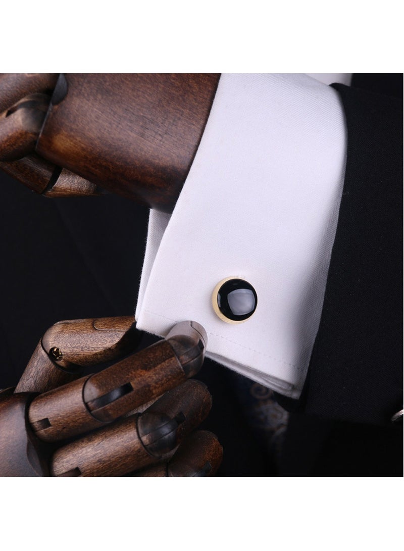 DB Innov. Cufflinks, Black Gemstone Goden Frame Round-Shape Cufflinks, 2 PCS for One Set Premium Copper Jewelry Specially Design for Men's Shirt Wedding Business Gift with Delicate Package Box. - Image 4